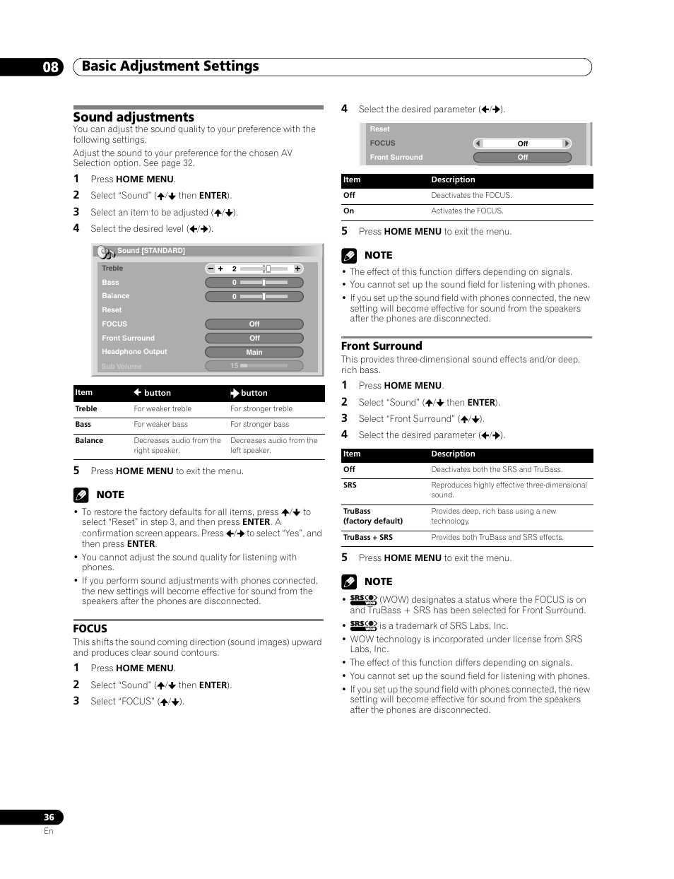 Sound adjustments, Focus front surround, Basic adjustment settings 08 | Focus, Front surround | Pioneer PDP-507XD User Manual | Page 36 / 219