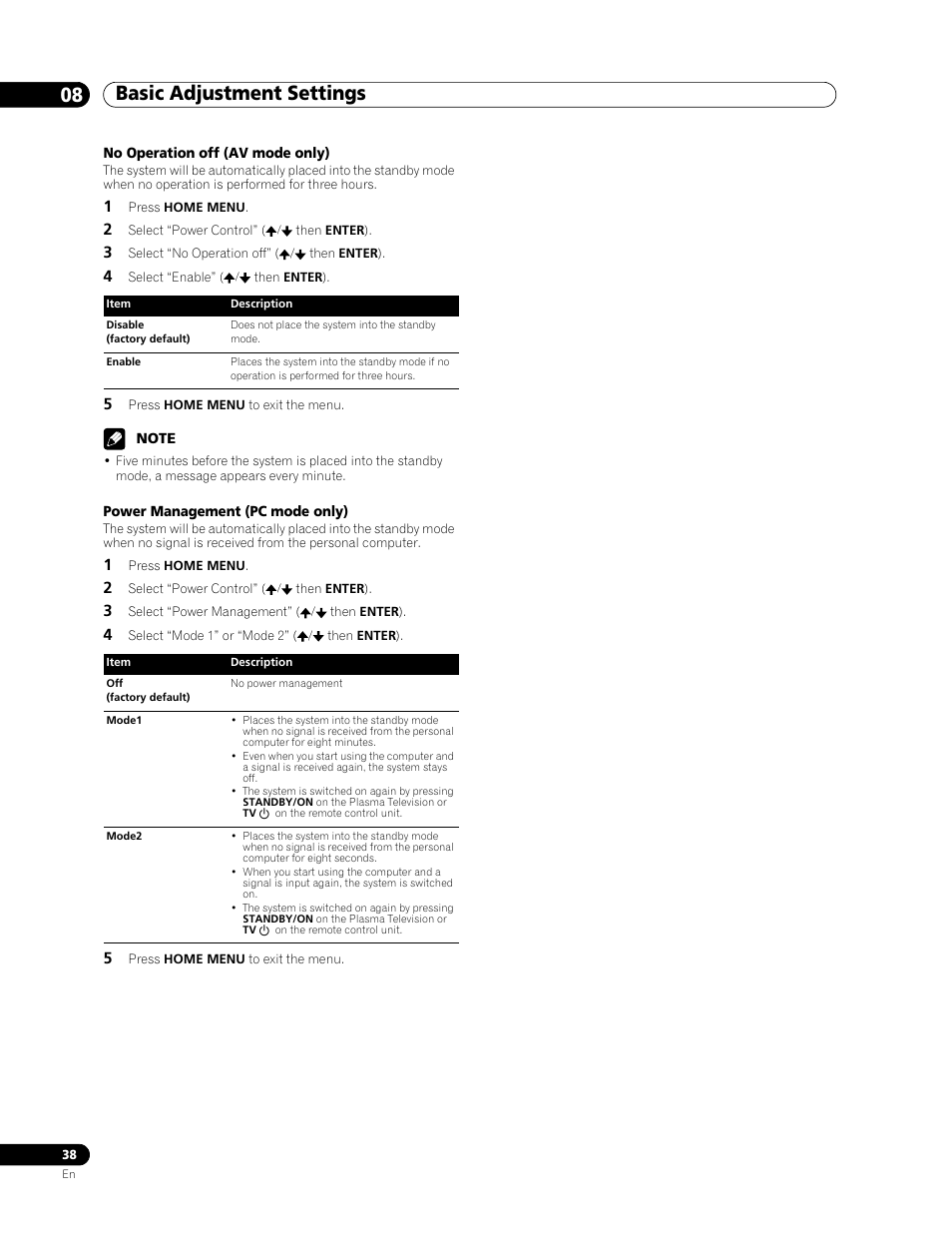 No operation off (av mode only), Power management (pc mode only), Basic adjustment settings 08 | Pioneer PDP-507XD User Manual | Page 38 / 219