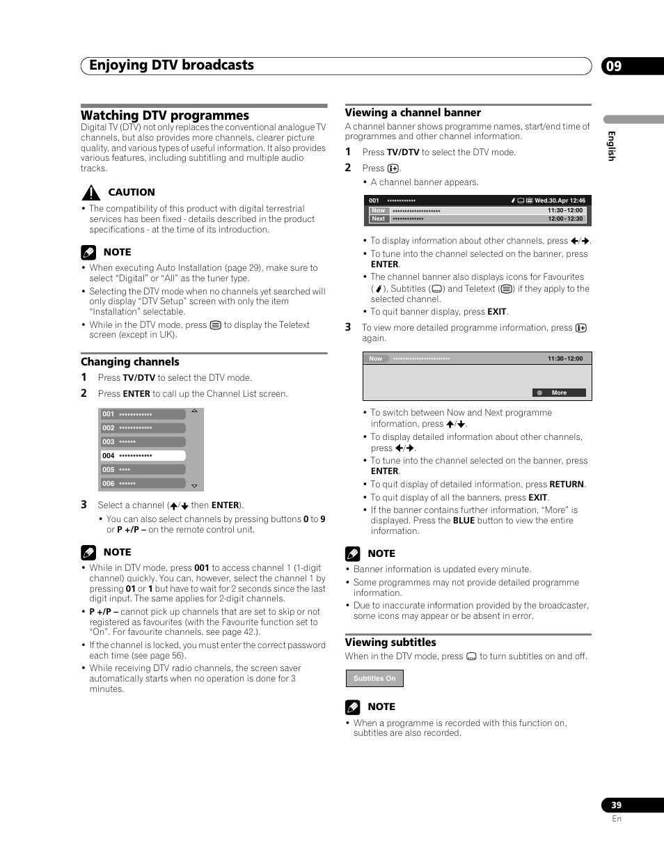 Enjoying dtv broadcasts, Watching dtv programmes, 09 enjoying dtv broadcasts | Enjoying dtv broadcasts 09, Changing channels 1, Viewing a channel banner, Viewing subtitles | Pioneer PDP-507XD User Manual | Page 39 / 219