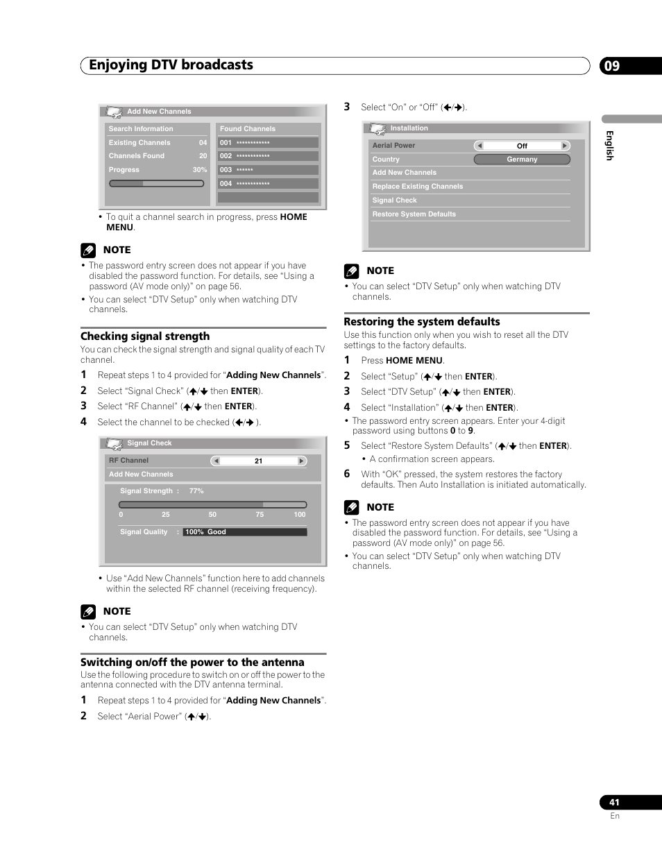 Enjoying dtv broadcasts 09, Checking signal strength, Switching on/off the power to the antenna | Restoring the system defaults | Pioneer PDP-507XD User Manual | Page 41 / 219