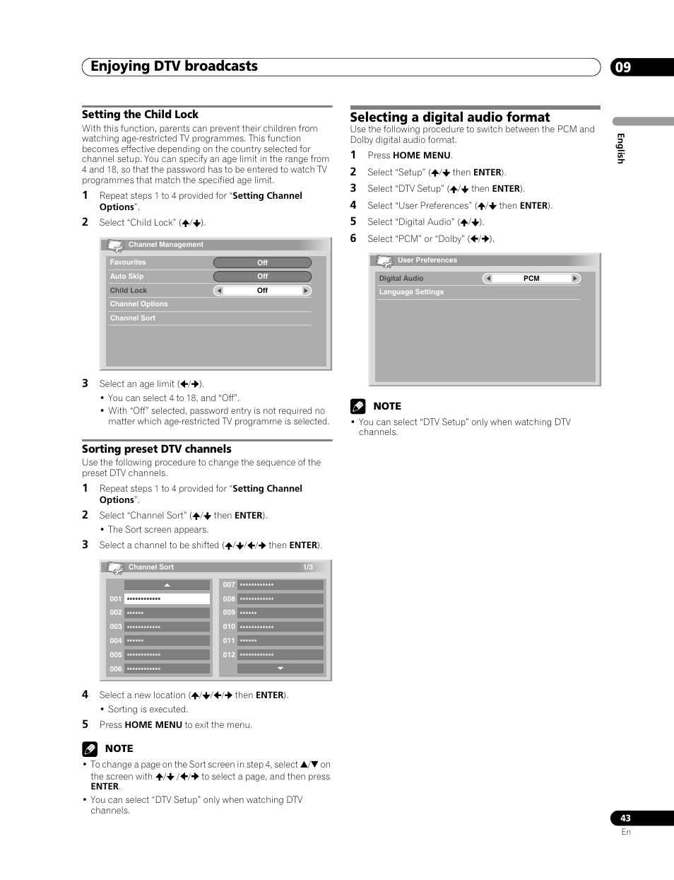 Selecting a digital audio format, Setting the child lock sorting preset dtv channels, Enjoying dtv broadcasts 09 | Pioneer PDP-507XD User Manual | Page 43 / 219