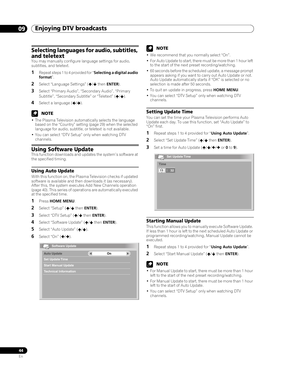 Using software update, Enjoying dtv broadcasts 09 | Pioneer PDP-507XD User Manual | Page 44 / 219