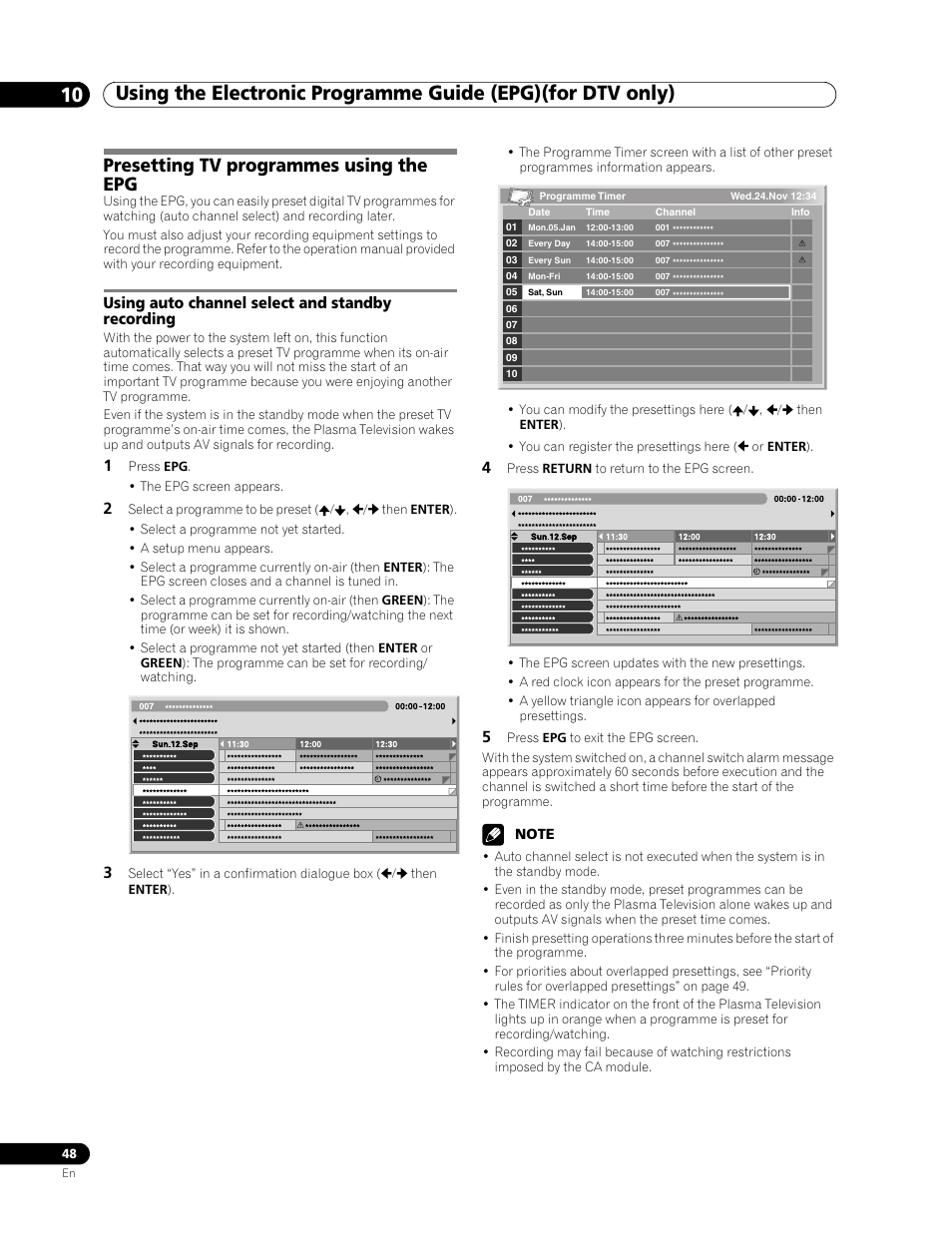 Presetting tv programmes using the epg, Using auto channel select and standby recording | Pioneer PDP-507XD User Manual | Page 48 / 219