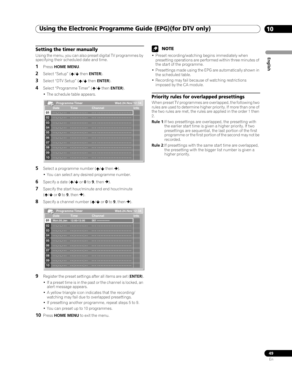 Setting the timer manually, Priority rules for overlapped presettings | Pioneer PDP-507XD User Manual | Page 49 / 219