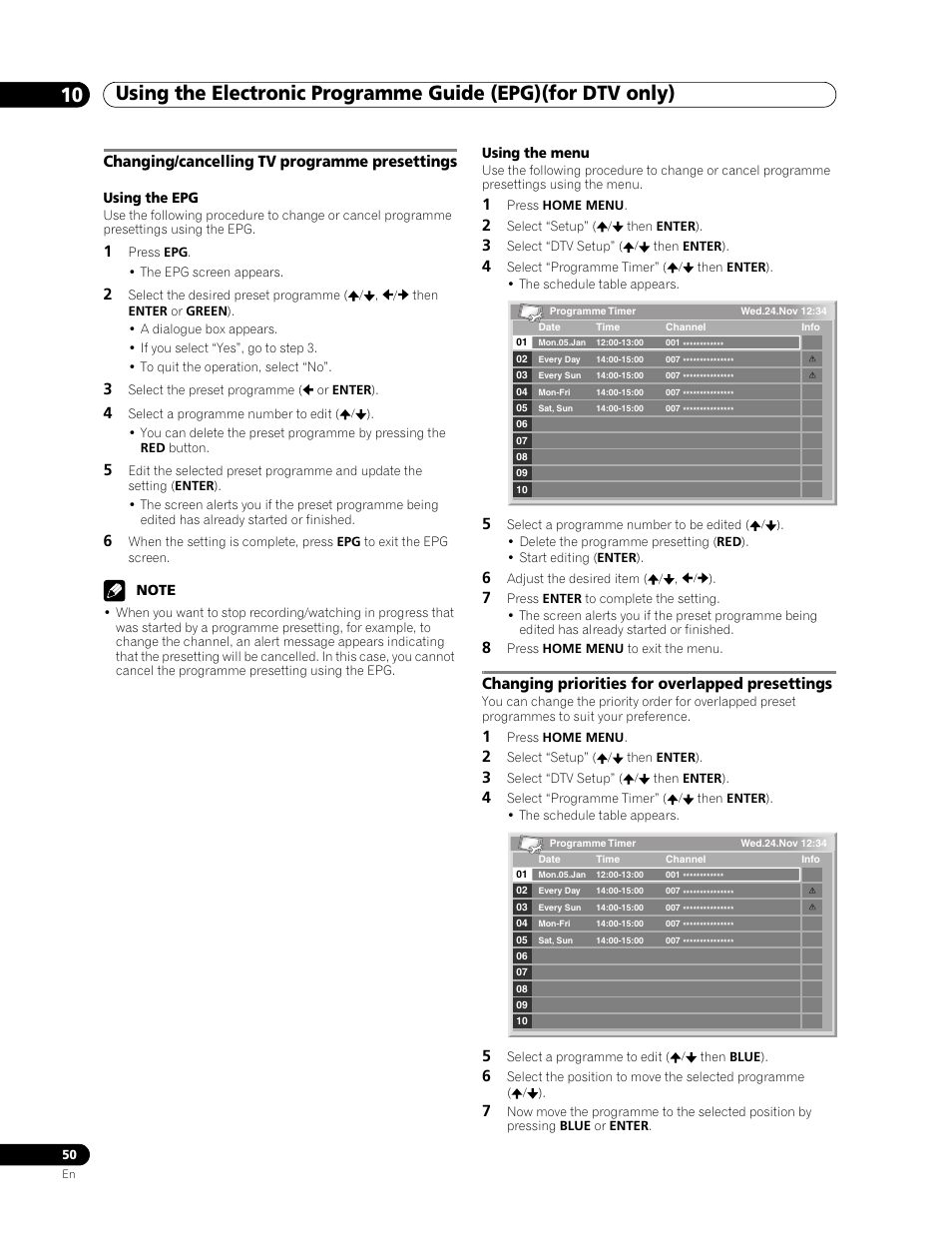 Using the epg, Using the menu, Changing/cancelling tv programme presettings | Changing priorities for overlapped presettings | Pioneer PDP-507XD User Manual | Page 50 / 219