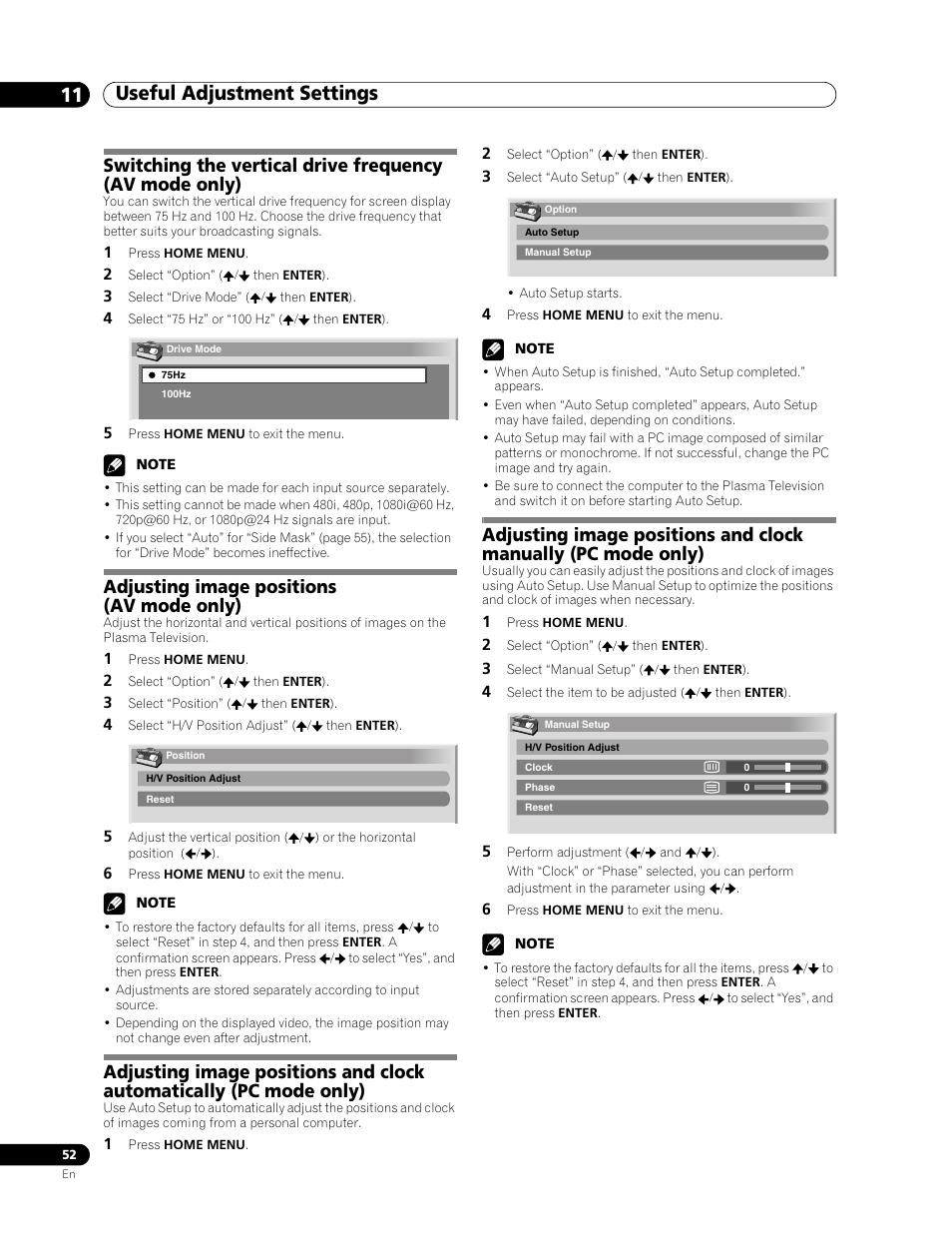 Useful adjustment settings, Adjusting image positions (av mode only), 11 useful adjustment settings | Pioneer PDP-507XD User Manual | Page 52 / 219