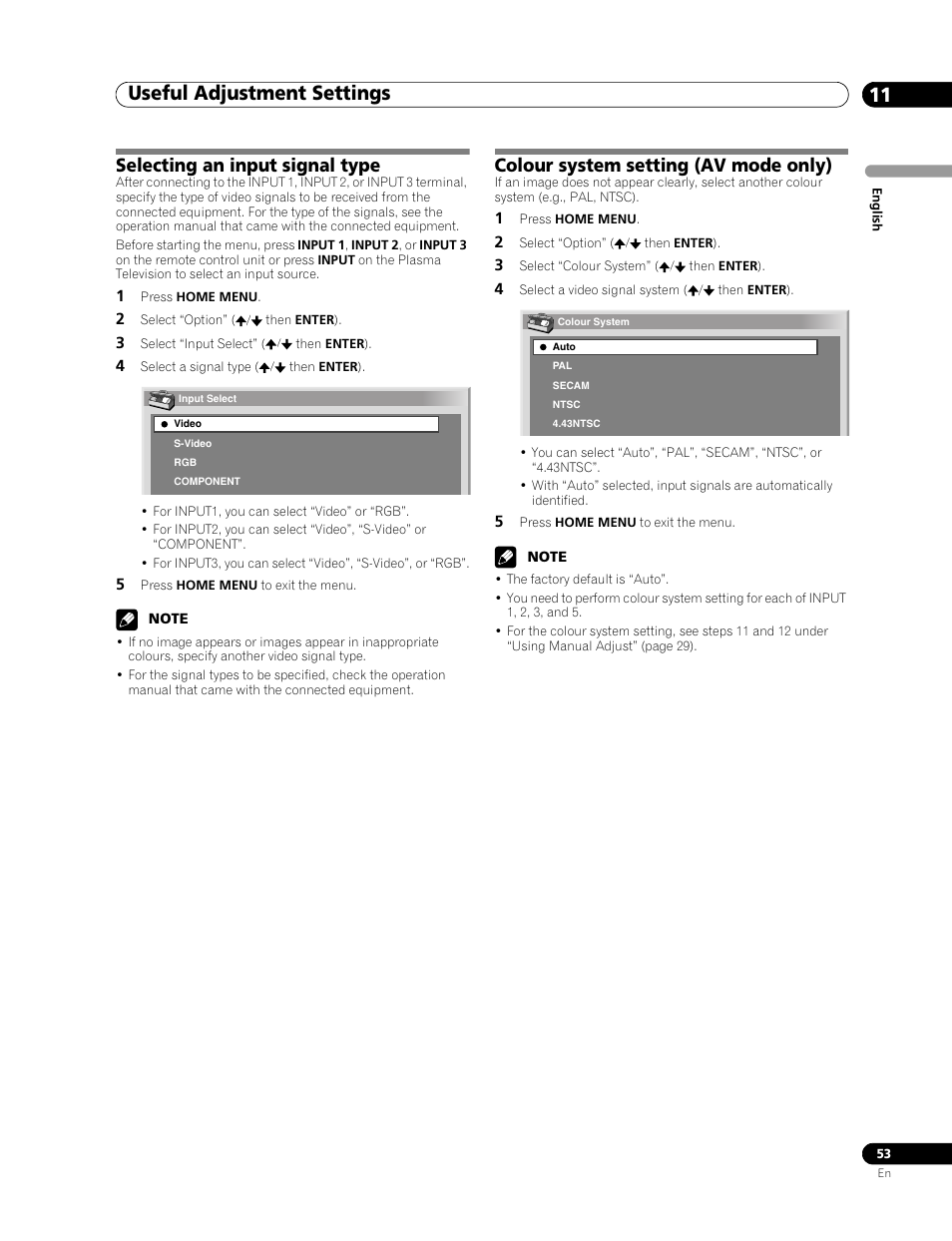 Selecting an input signal type, Colour system setting (av mode only), Useful adjustment settings 11 | Pioneer PDP-507XD User Manual | Page 53 / 219