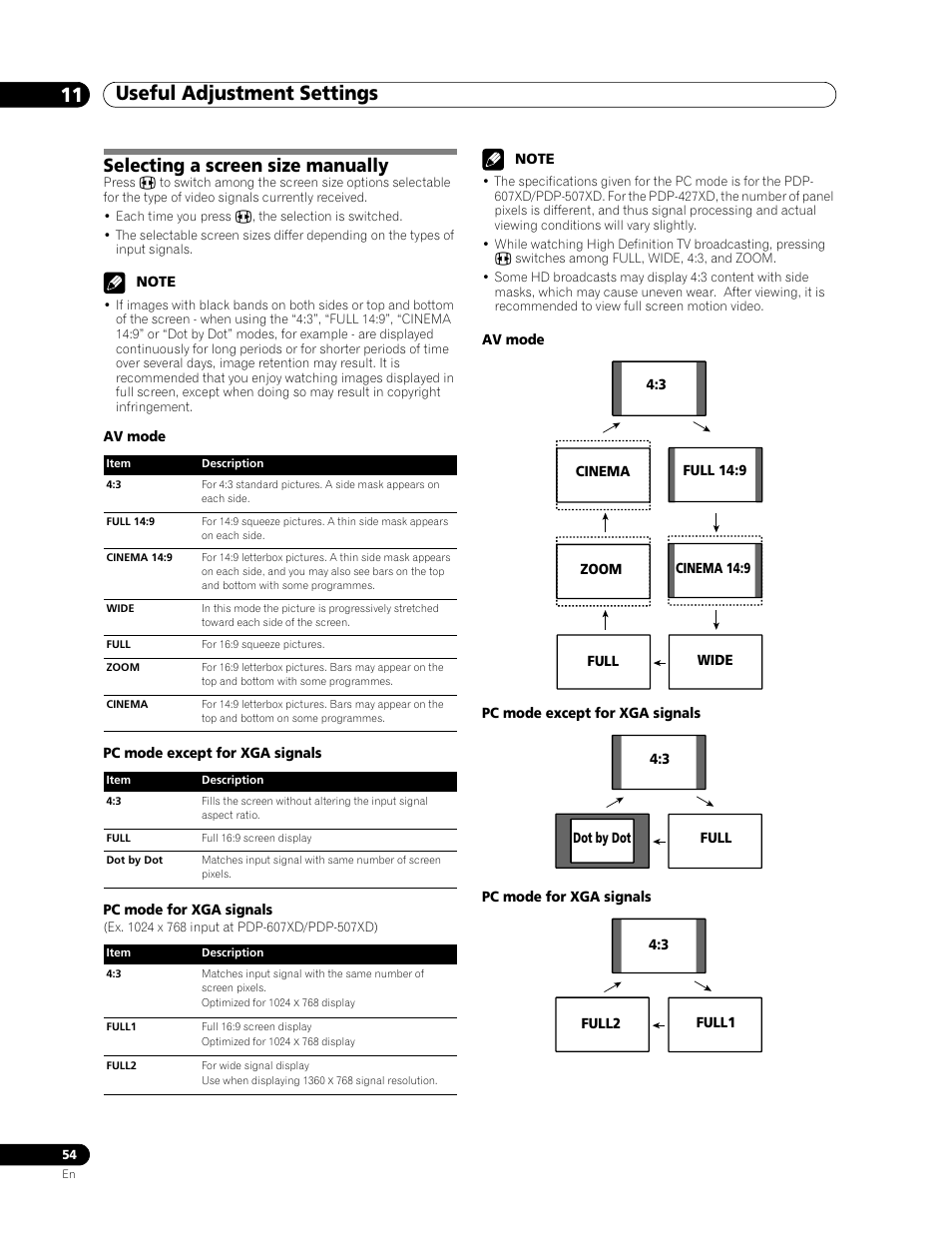 Selecting a screen size manually, Av mode, Pc mode except for xga signals | Pc mode for xga signals, Useful adjustment settings 11 | Pioneer PDP-507XD User Manual | Page 54 / 219