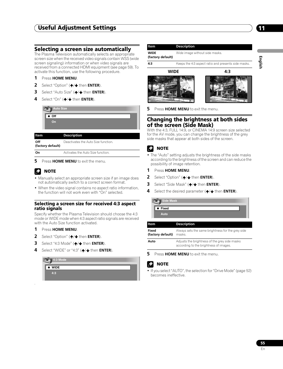 Selecting a screen size automatically, Useful adjustment settings 11 | Pioneer PDP-507XD User Manual | Page 55 / 219