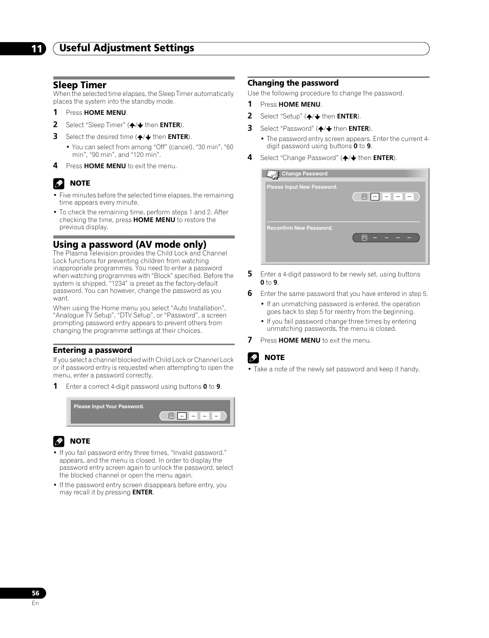 Sleep timer, Using a password (av mode only), Sleep timer using a password (av mode only) | Entering a password changing the password, Useful adjustment settings 11 | Pioneer PDP-507XD User Manual | Page 56 / 219