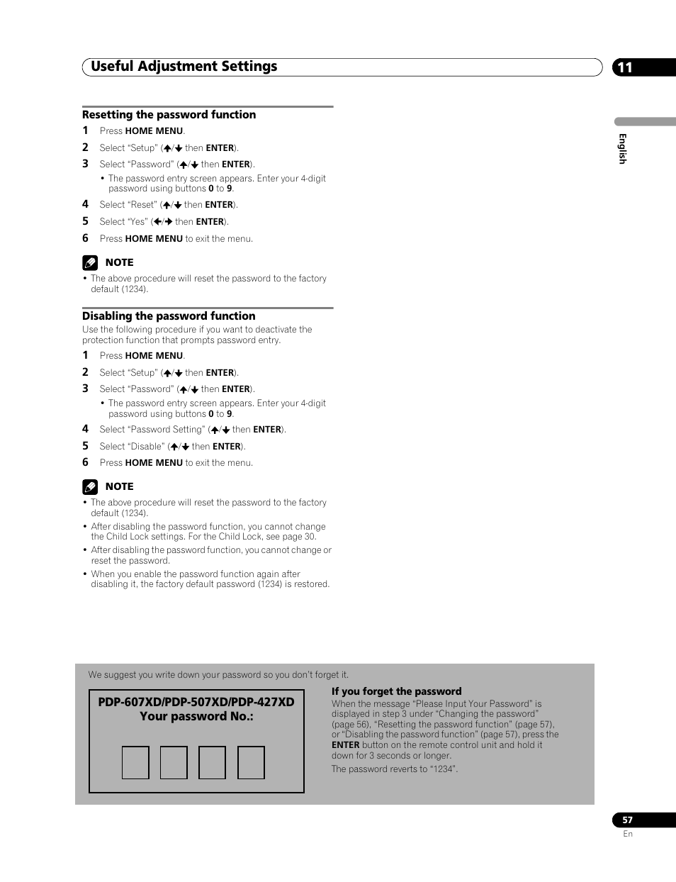 If you forget the password, Useful adjustment settings 11 | Pioneer PDP-507XD User Manual | Page 57 / 219