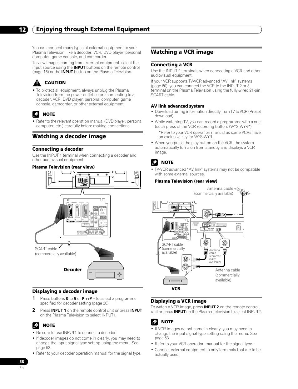 Enjoying through external equipment, Watching a decoder image, Watching a vcr image | Av link advanced system, 12 enjoying through external equipment, Connecting a decoder displaying a decoder image, Connecting a vcr displaying a vcr image | Pioneer PDP-507XD User Manual | Page 58 / 219