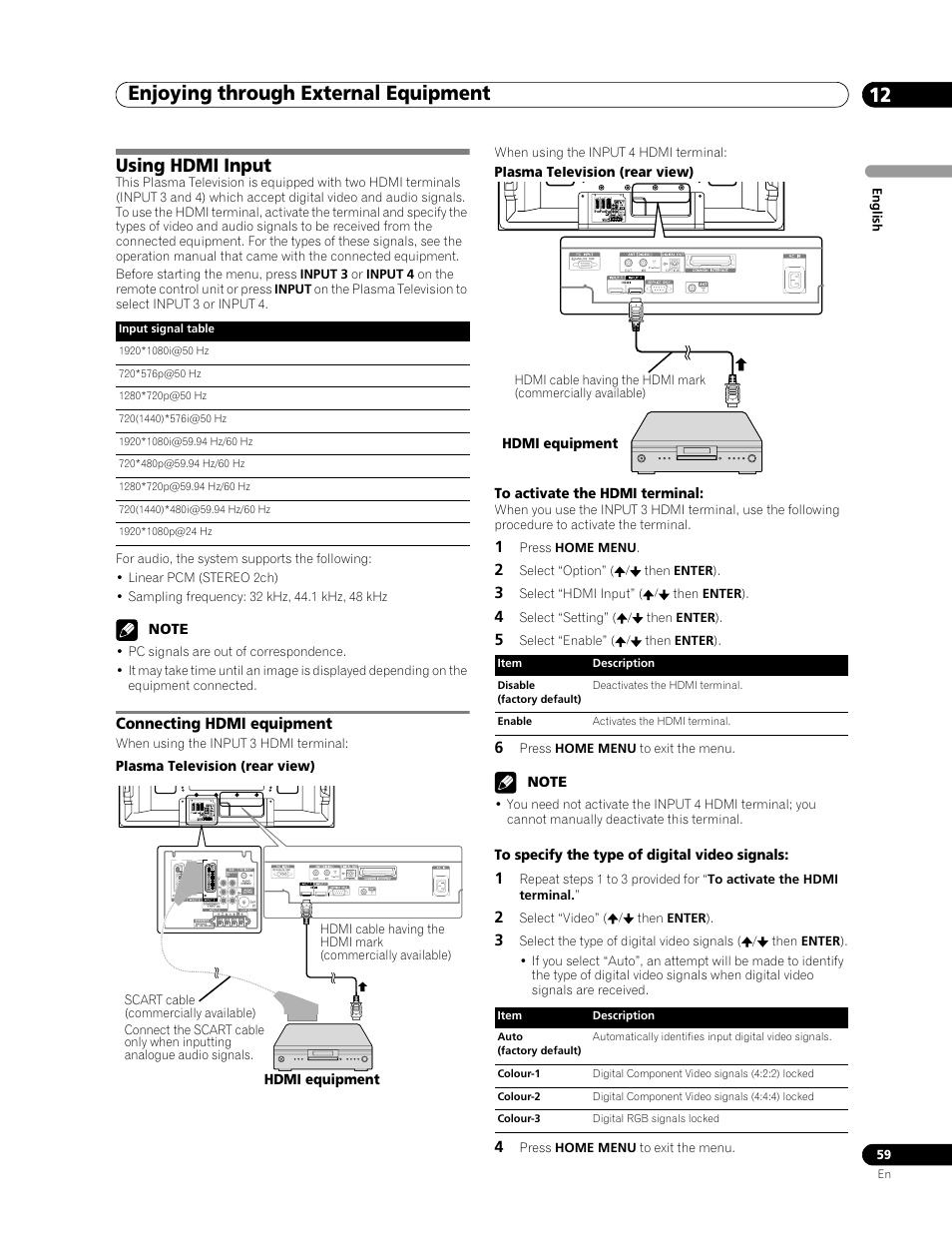 Using hdmi input, To activate the hdmi terminal, To specify the type of digital video signals | Connecting hdmi equipment, Enjoying through external equipment 12 | Pioneer PDP-507XD User Manual | Page 59 / 219
