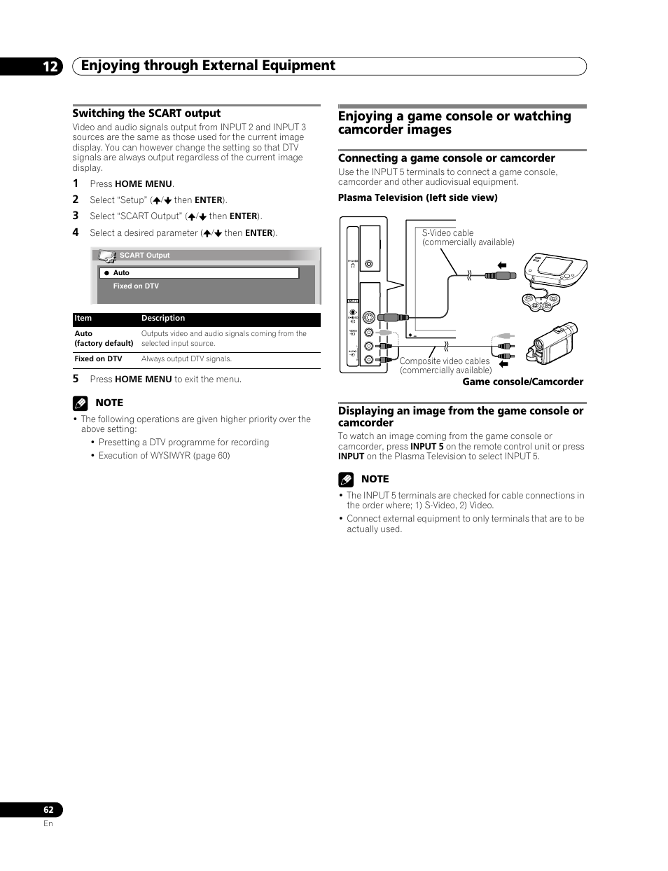 Switching the scart output, Enjoying through external equipment 12 | Pioneer PDP-507XD User Manual | Page 62 / 219