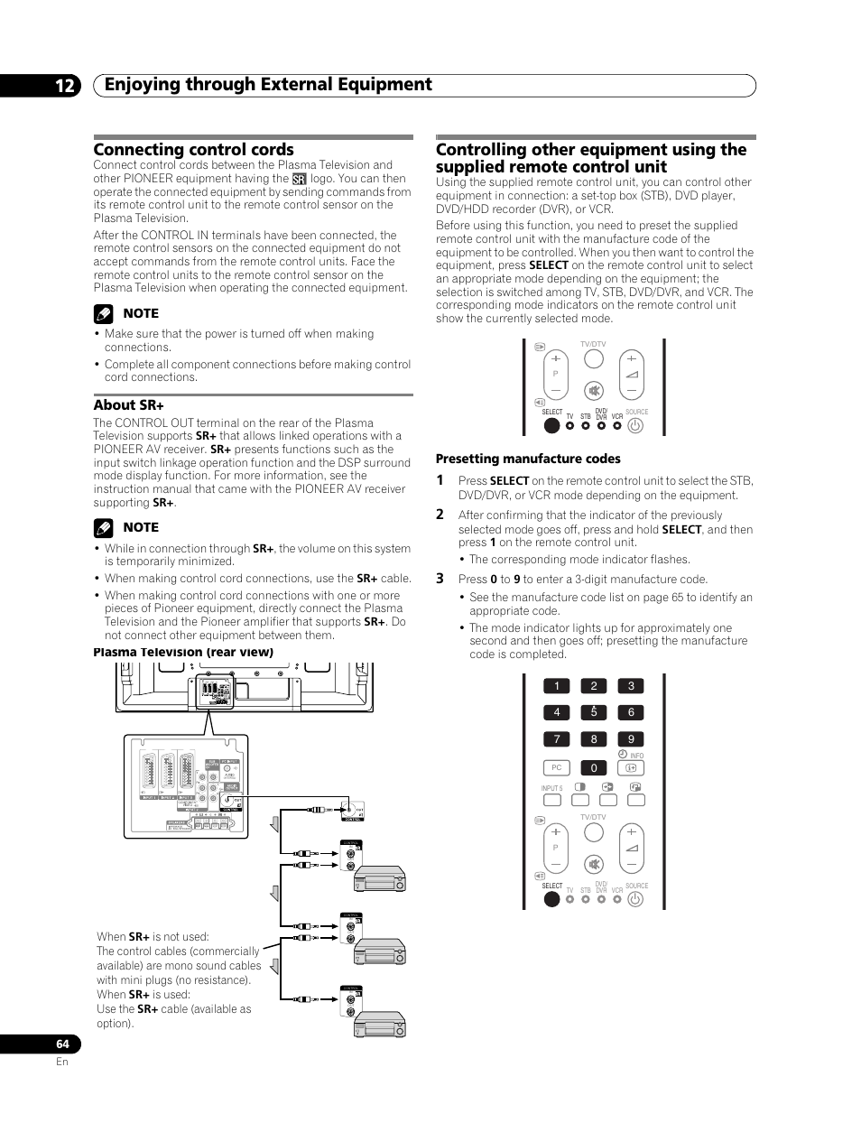 Connecting control cords, Presetting manufacture codes, About sr | Enjoying through external equipment 12 | Pioneer PDP-507XD User Manual | Page 64 / 219
