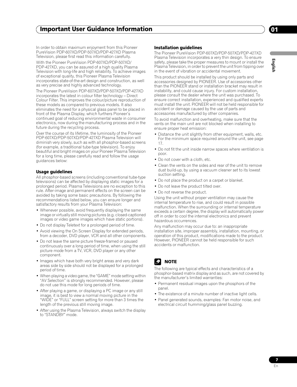 Important user guidance information, Usage guidelines, Installation guidelines | 01 important user guidance information, Important user guidance information 01 | Pioneer PDP-507XD User Manual | Page 7 / 219