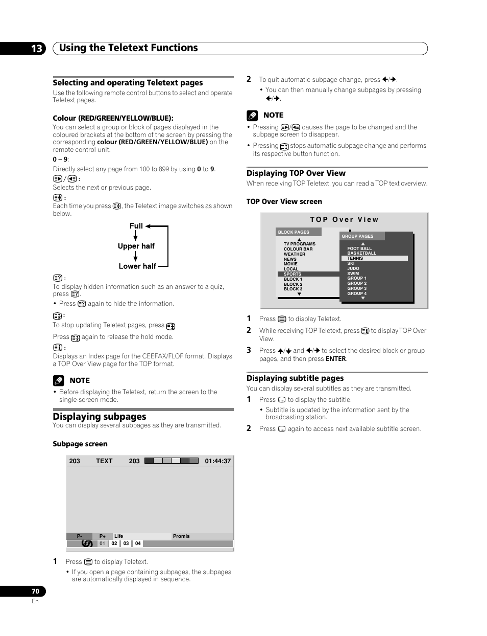 Colour (red/green/yellow/blue), Top over view screen, And 70 | Using the teletext functions 13, Displaying subpages | Pioneer PDP-507XD User Manual | Page 70 / 219