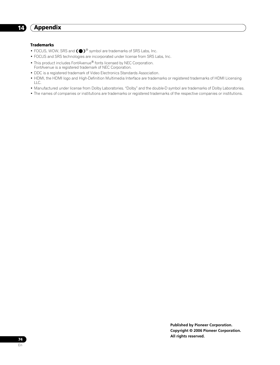 Trademarks, Appendix 14 | Pioneer PDP-507XD User Manual | Page 74 / 219