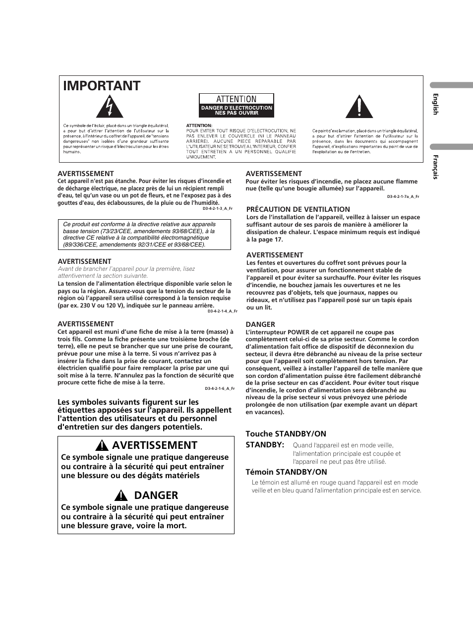 Avertissement, Danger | Pioneer PDP-507XD User Manual | Page 75 / 219