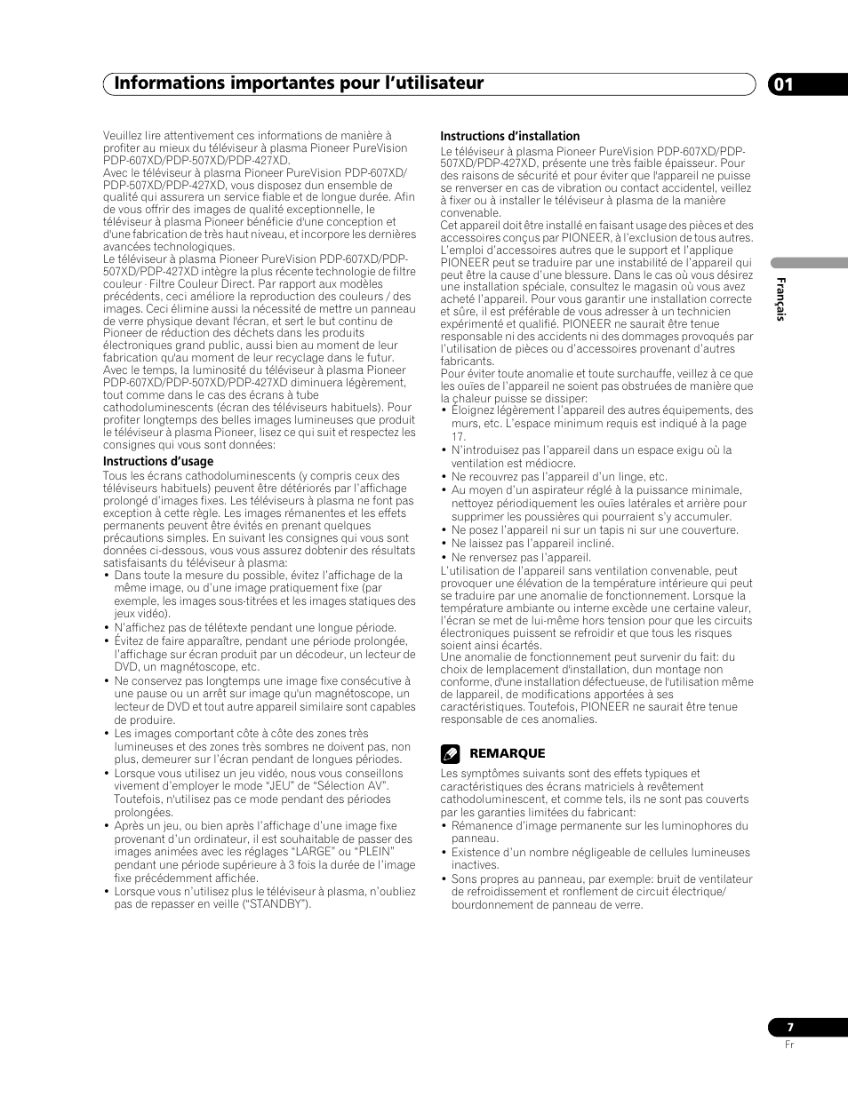 01 informations importantes pour l’utilisateur, Informations importantes pour l’utilisateur 01, Informations importantes pour l’utilisateur | Pioneer PDP-507XD User Manual | Page 79 / 219