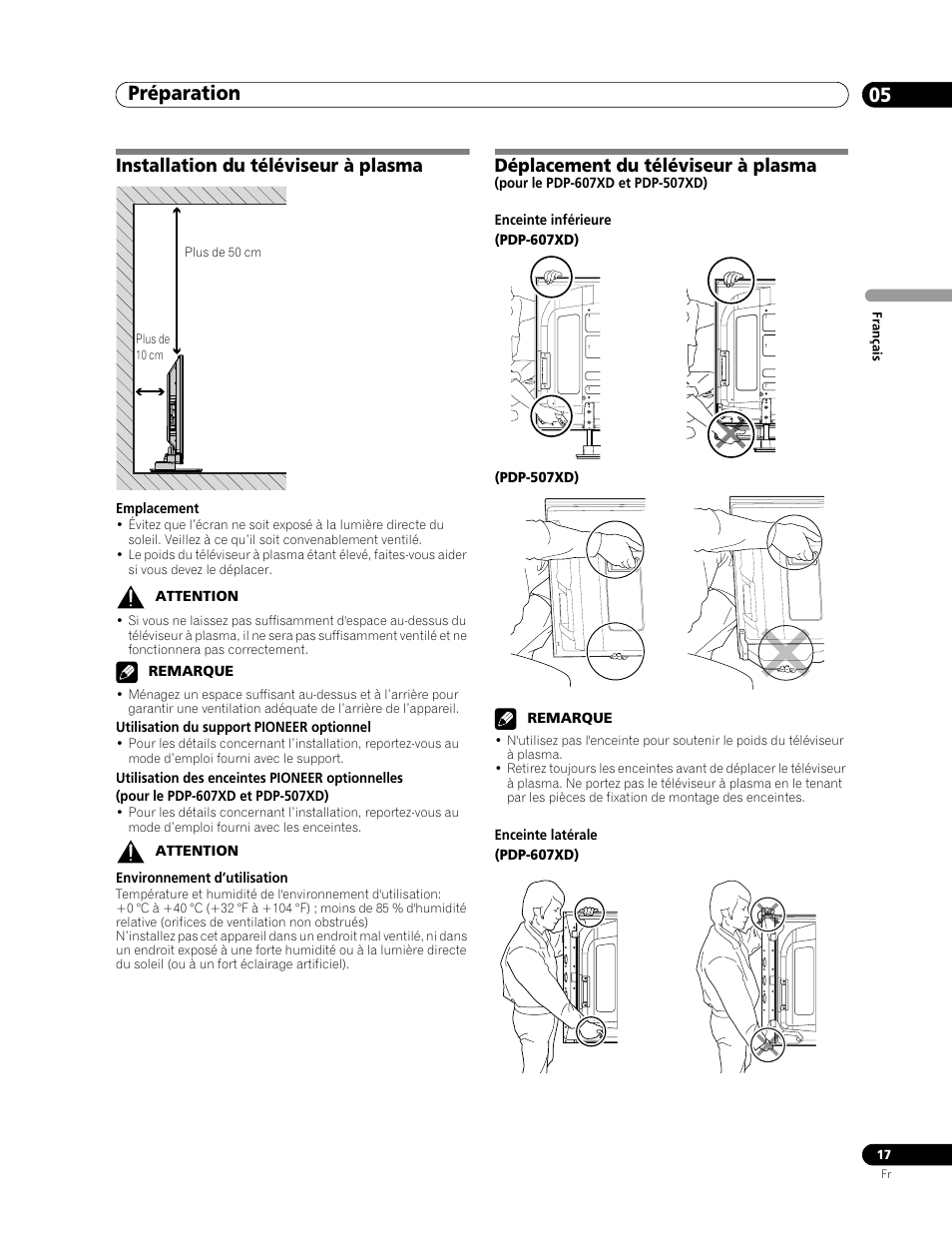 05 préparation, Préparation 05, Préparation | Installation du téléviseur à plasma, Déplacement du téléviseur à plasma | Pioneer PDP-507XD User Manual | Page 89 / 219