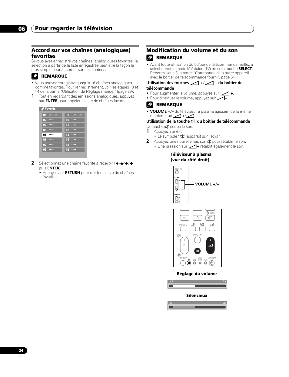 Pour regarder la télévision 06, Accord sur vos chaînes (analogiques) favorites, Modification du volume et du son | Pioneer PDP-507XD User Manual | Page 96 / 219