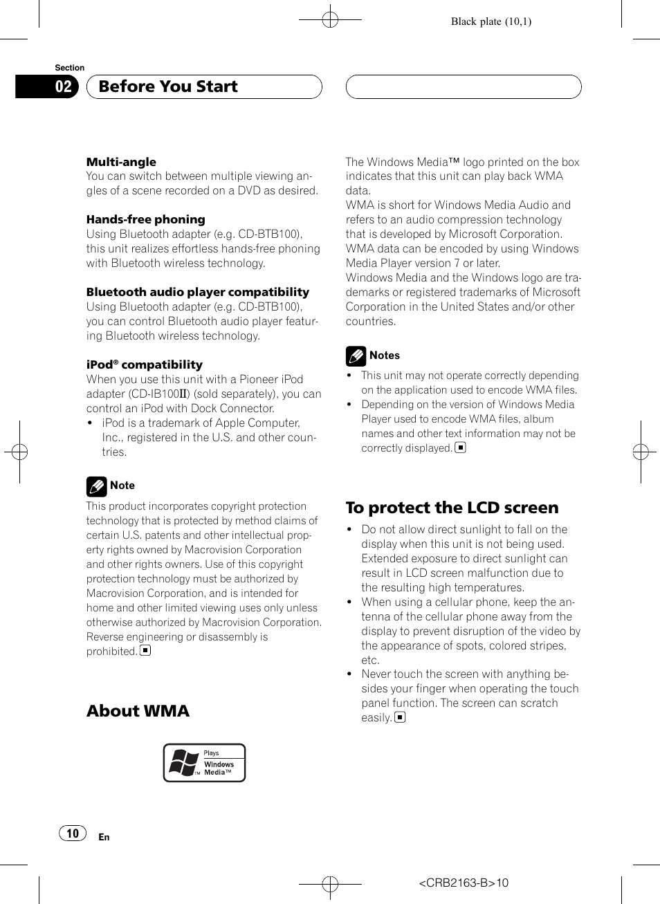About wma, To protect the lcd screen, Before you start | Pioneer Super Tuner III D AVH-P6850DVD User Manual | Page 10 / 120
