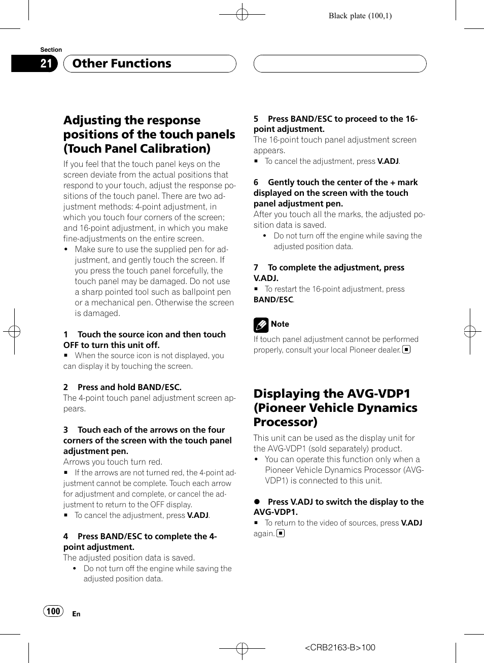 Adjusting the response positions of the, Touch panels (touch panel calibration), Displaying the avg-vdp1 (pioneer vehicle | Dynamics processor), Other functions | Pioneer Super Tuner III D AVH-P6850DVD User Manual | Page 100 / 120