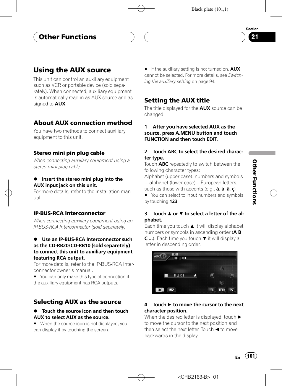 Using the aux source, Other functions, About aux connection method | Selecting aux as the source, Setting the aux title | Pioneer Super Tuner III D AVH-P6850DVD User Manual | Page 101 / 120