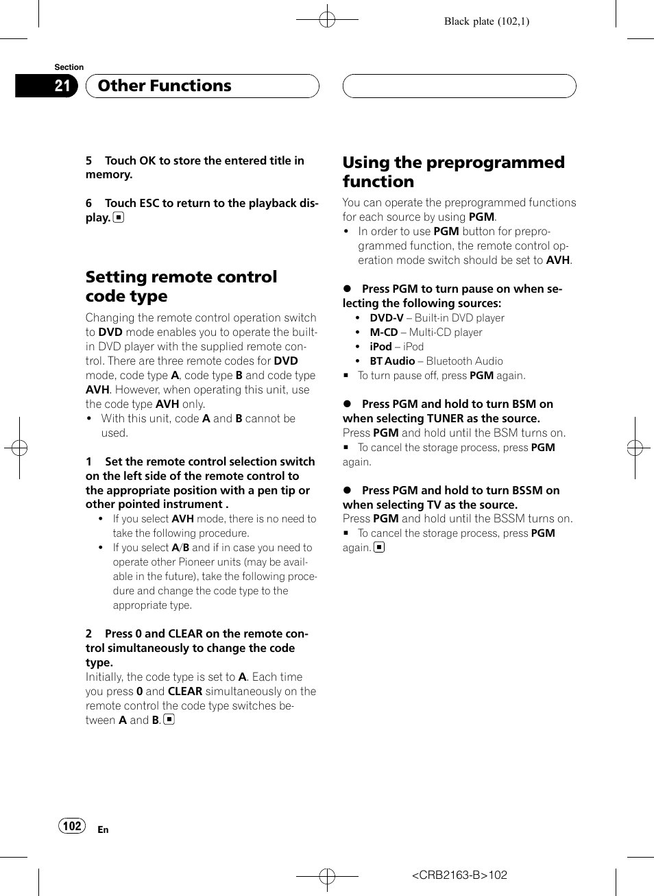 Setting remote control code type, Using the preprogrammed function, Other functions | Pioneer Super Tuner III D AVH-P6850DVD User Manual | Page 102 / 120