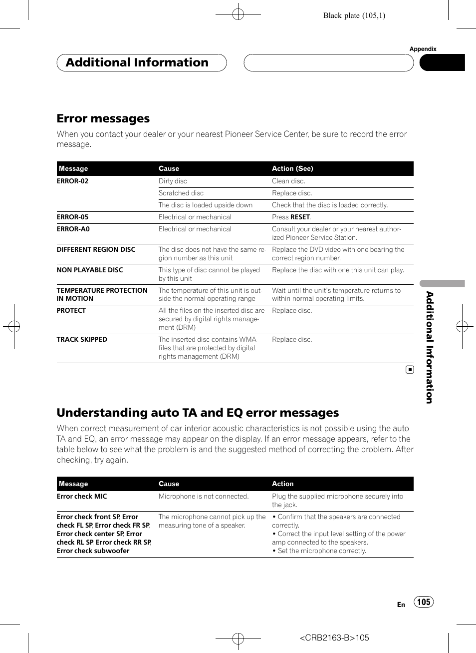 Error messages, Understanding auto ta and eq error, Messages | Understanding auto ta and eq error messages, Additional information | Pioneer Super Tuner III D AVH-P6850DVD User Manual | Page 105 / 120