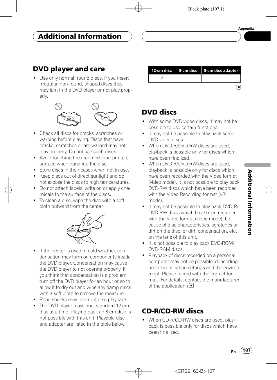 Dvd player and care, Dvd discs, Cd-r/cd-rw discs | Additional information | Pioneer Super Tuner III D AVH-P6850DVD User Manual | Page 107 / 120