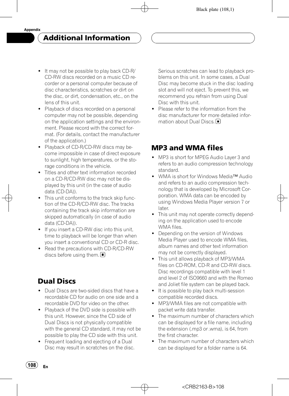 Dual discs, Mp3 and wma files, Additional information | Pioneer Super Tuner III D AVH-P6850DVD User Manual | Page 108 / 120