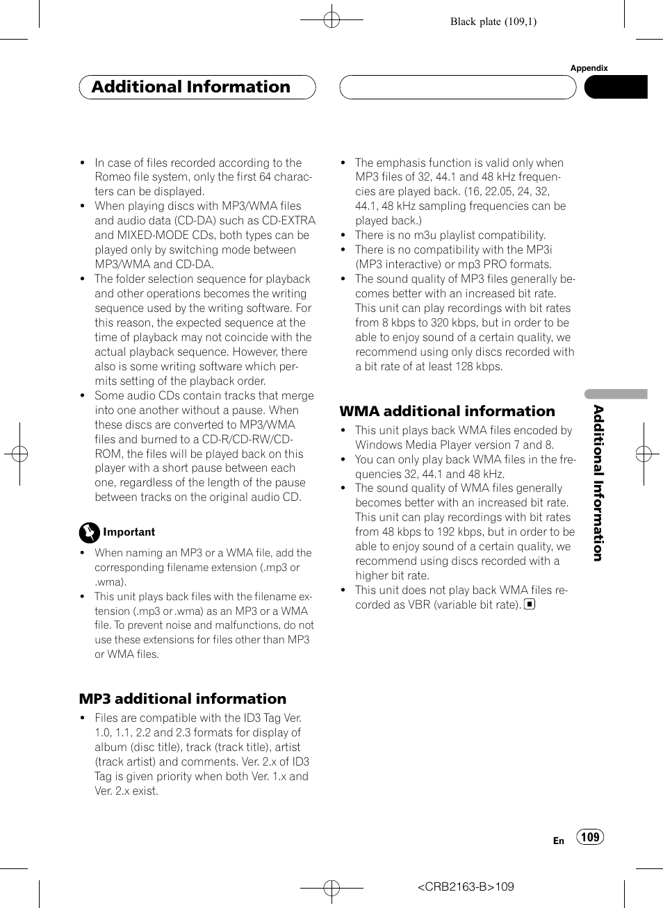 Additional information, Mp3 additional information, Wma additional information | Pioneer Super Tuner III D AVH-P6850DVD User Manual | Page 109 / 120