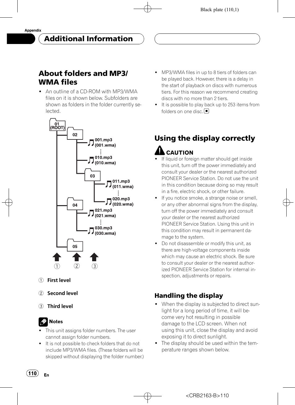 About folders and mp3/wma files, Using the display correctly, About folders and mp3/ wma files | Additional information, Handling the display | Pioneer Super Tuner III D AVH-P6850DVD User Manual | Page 110 / 120
