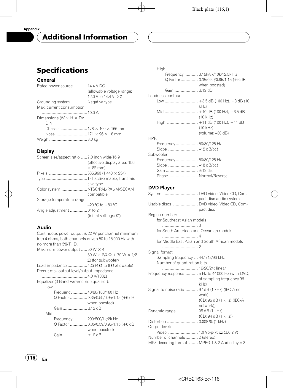 Specifications, Additional information | Pioneer Super Tuner III D AVH-P6850DVD User Manual | Page 116 / 120