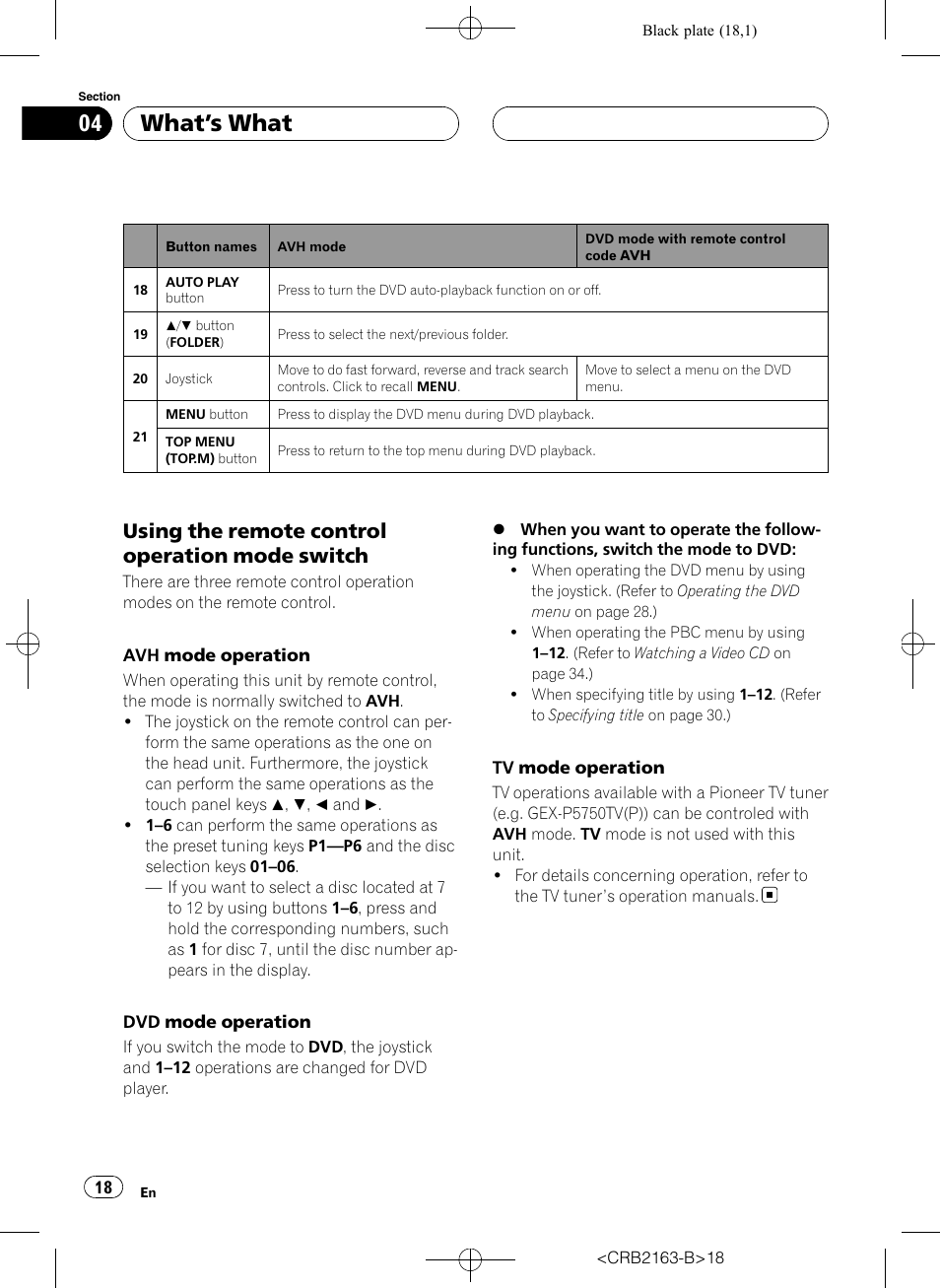 What ’s what, Using the remote control operation mode switch | Pioneer Super Tuner III D AVH-P6850DVD User Manual | Page 18 / 120