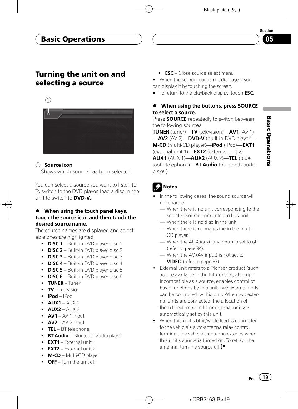 Source, Turning the unit on and selecting a source, Basic operations | Pioneer Super Tuner III D AVH-P6850DVD User Manual | Page 19 / 120