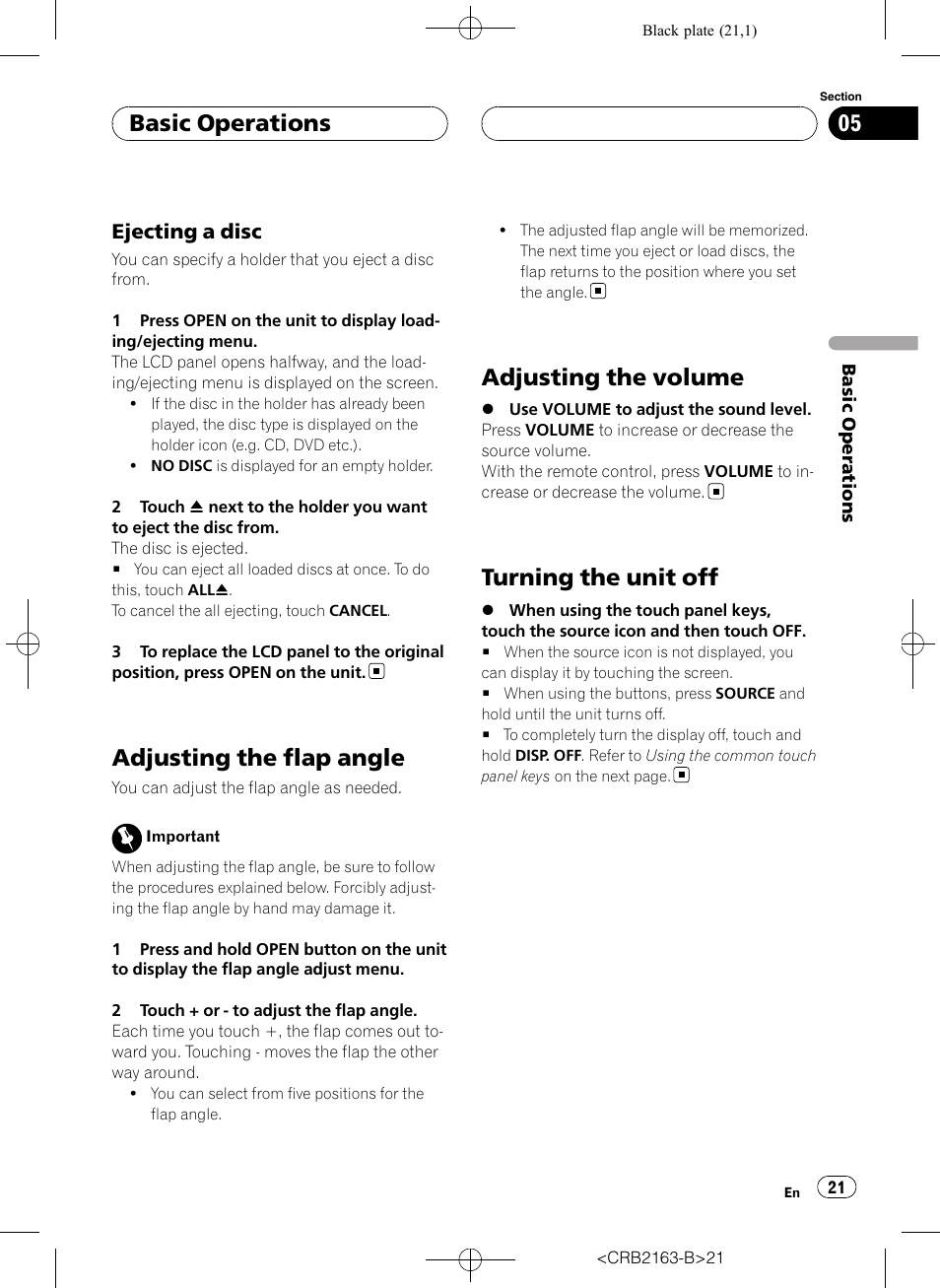 Adjusting the flap angle, Adjusting the volume, Turning the unit off | Basic operations, Ejecting a disc | Pioneer Super Tuner III D AVH-P6850DVD User Manual | Page 21 / 120