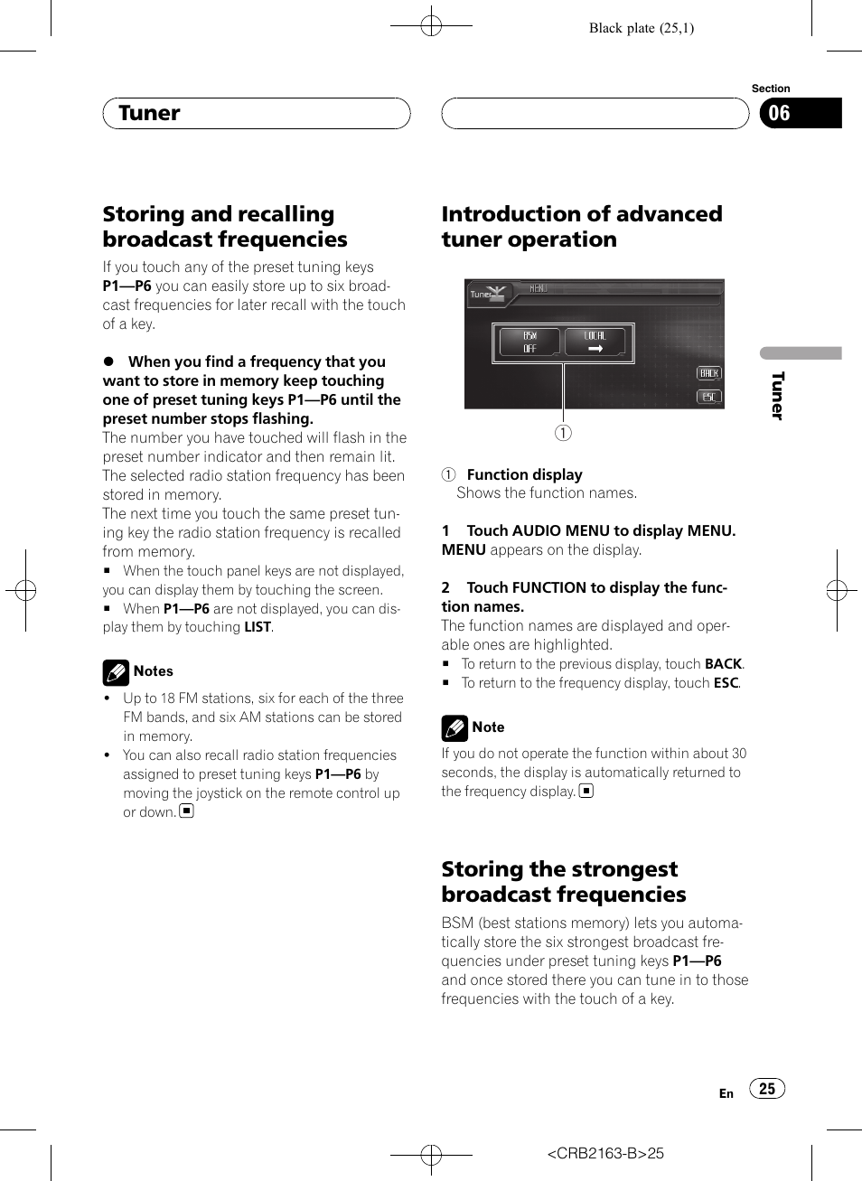 Storing and recalling broadcast, Frequencies, Introduction of advanced tuner | Operation, Storing the strongest broadcast, Storing and recalling broadcast frequencies, Introduction of advanced tuner operation, Storing the strongest broadcast frequencies, Tuner | Pioneer Super Tuner III D AVH-P6850DVD User Manual | Page 25 / 120