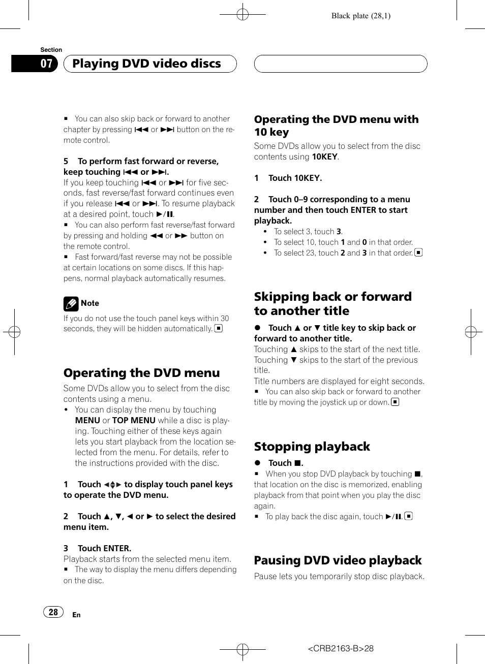 Operating the dvd menu, Skipping back or forward to another title, Stopping playback | Pausing dvd video playback, Playing dvd video discs, Operating the dvd menu with 10 key | Pioneer Super Tuner III D AVH-P6850DVD User Manual | Page 28 / 120