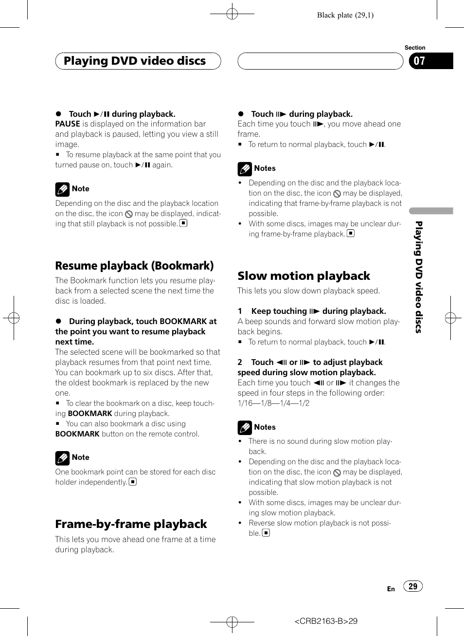 Resume playback (bookmark), Frame-by-frame playback, Slow motion playback | Playing dvd video discs | Pioneer Super Tuner III D AVH-P6850DVD User Manual | Page 29 / 120
