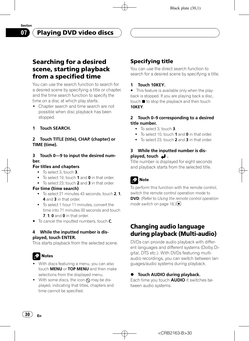Searching for a desired scene, starting, Playback from a specified time, Changing audio language during playback | Multi-audio), Playing dvd video discs, Specifying title | Pioneer Super Tuner III D AVH-P6850DVD User Manual | Page 30 / 120