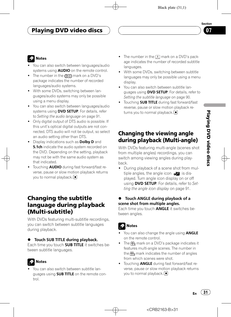 Changing the subtitle language during, Playback (multi-subtitle), Changing the viewing angle during playback | Multi-angle), Playing dvd video discs | Pioneer Super Tuner III D AVH-P6850DVD User Manual | Page 31 / 120