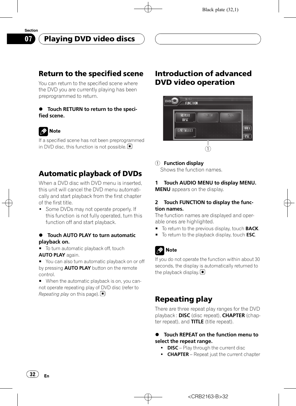 Return to the specified scene, Automatic playback of dvds, Introduction of advanced dvd video | Operation, Repeating play, Introduction of advanced dvd video operation, Playing dvd video discs | Pioneer Super Tuner III D AVH-P6850DVD User Manual | Page 32 / 120