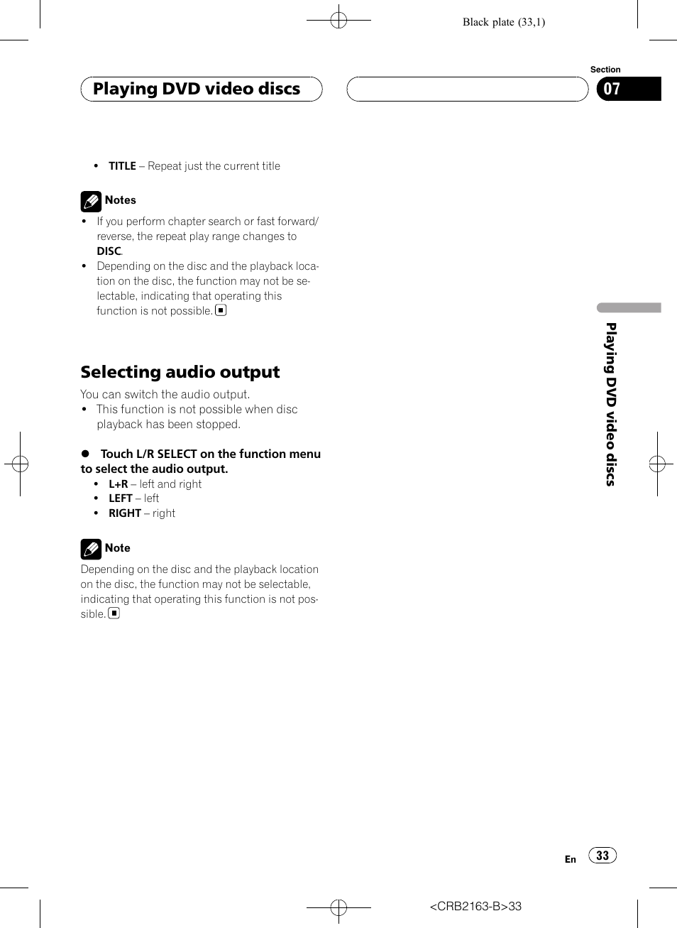 Selecting audio output, Playing dvd video discs | Pioneer Super Tuner III D AVH-P6850DVD User Manual | Page 33 / 120