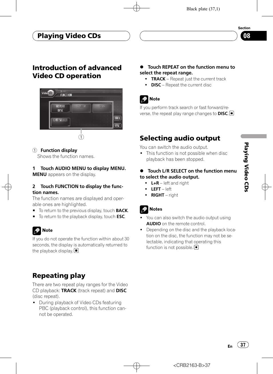 Introduction of advanced video cd, Operation, Repeating play | Selecting audio output, Introduction of advanced video cd operation, Playing video cds | Pioneer Super Tuner III D AVH-P6850DVD User Manual | Page 37 / 120