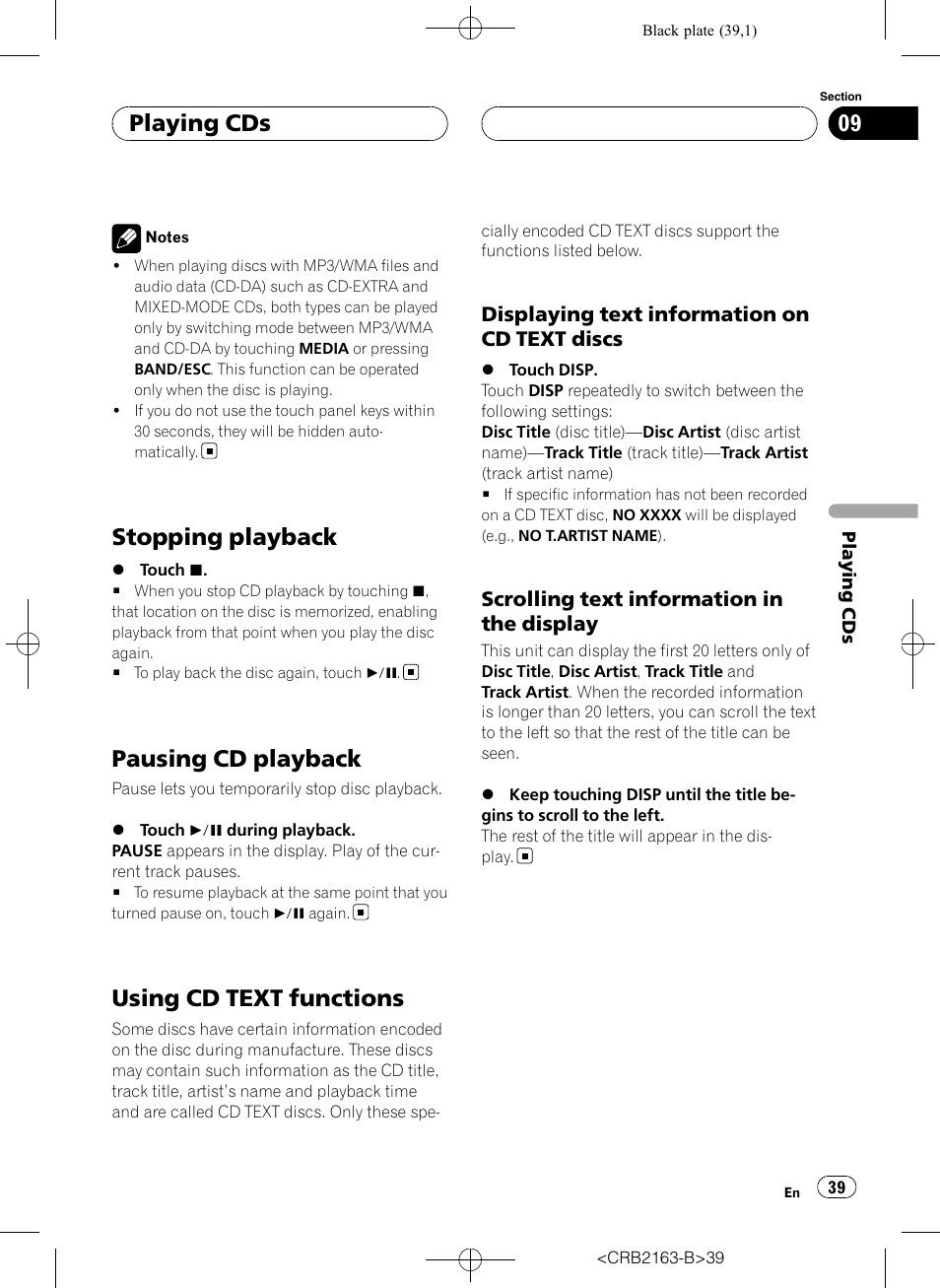 Stopping playback, Pausing cd playback, Using cd text functions | Playing cds | Pioneer Super Tuner III D AVH-P6850DVD User Manual | Page 39 / 120