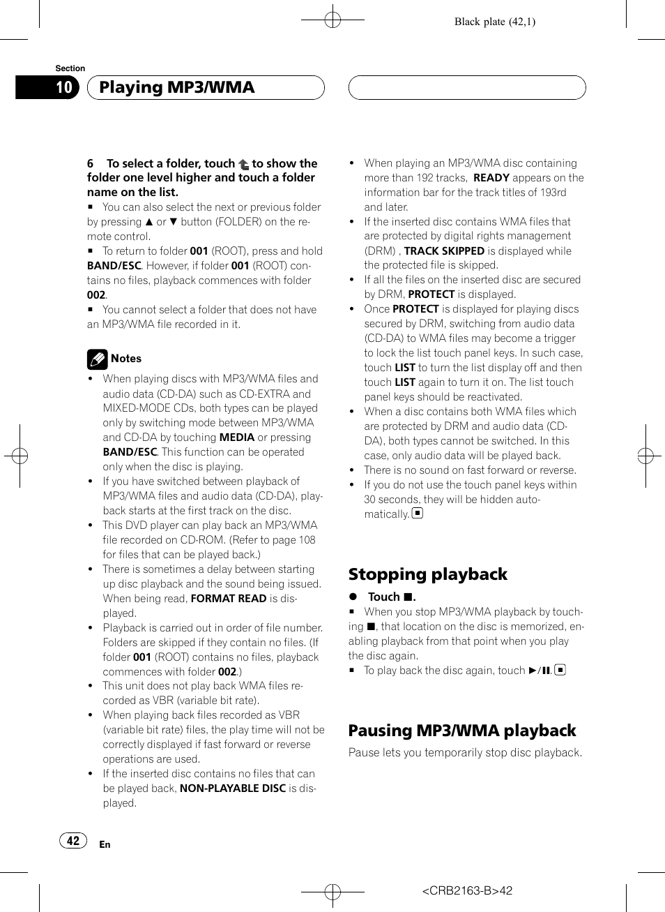 Stopping playback, Pausing mp3/wma playback, Playing mp3/wma | Pioneer Super Tuner III D AVH-P6850DVD User Manual | Page 42 / 120
