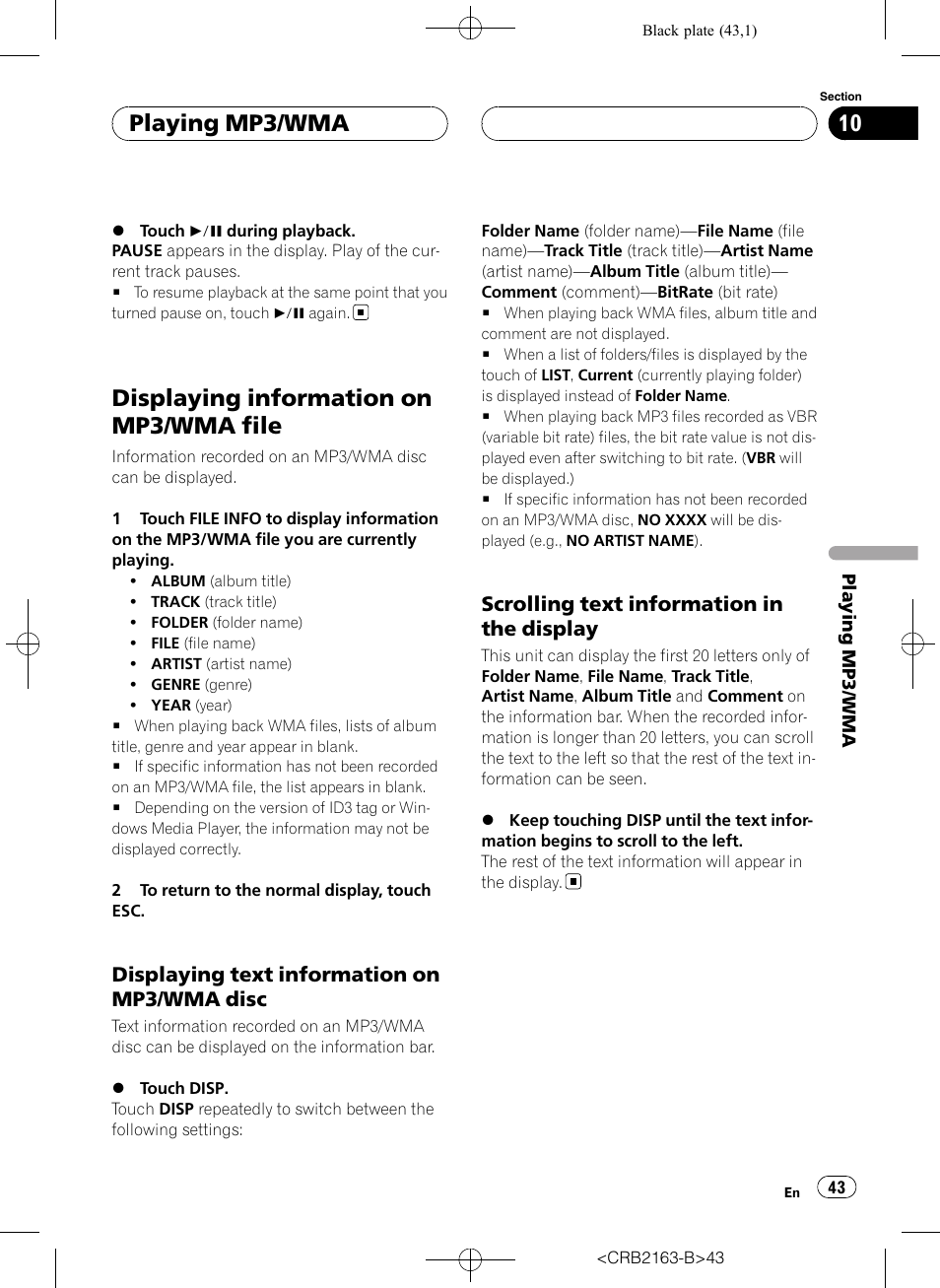 Displaying information on mp3/wma, File, Displaying information on mp3/wma file | Playing mp3/wma, Displaying text information on mp3/wma disc, Scrolling text information in the display | Pioneer Super Tuner III D AVH-P6850DVD User Manual | Page 43 / 120